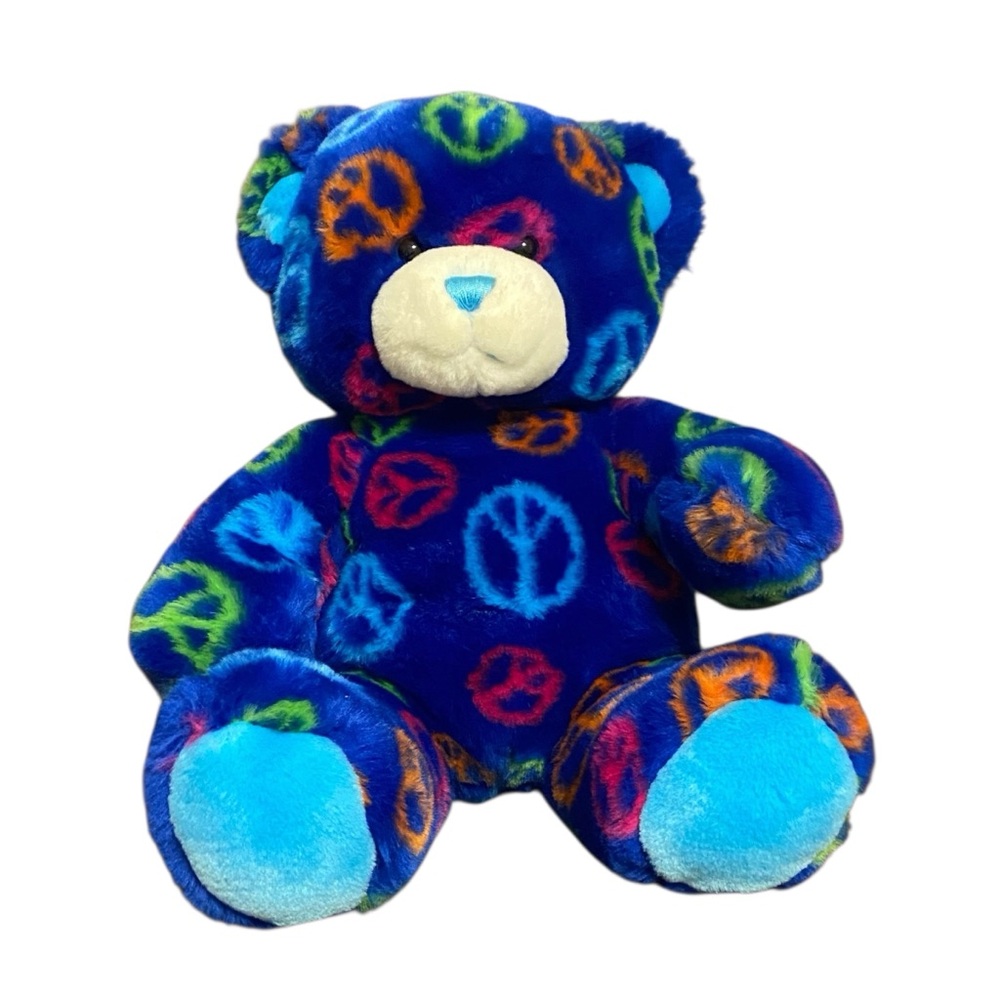 Vintage Build A Bear Royal Blue Peace Signs Plush Teddy Stuffed Animal 14” 2009
